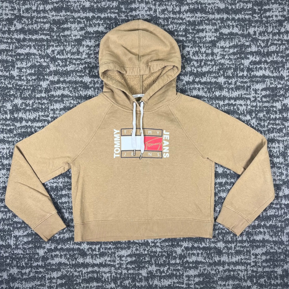 Tommy Jeans Womens Tan Cropped Fleece Hoodie Sweatshirt Logo Graphic Small